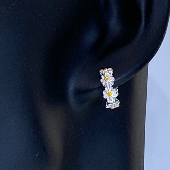 Sterling Silver Daisy Huggie Hoop Earrings - Picture 2 of 9